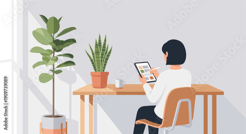 Illustration of a woman working on a tablet at her desk, with plants. Could be used for remote work, creative professions, interior design.