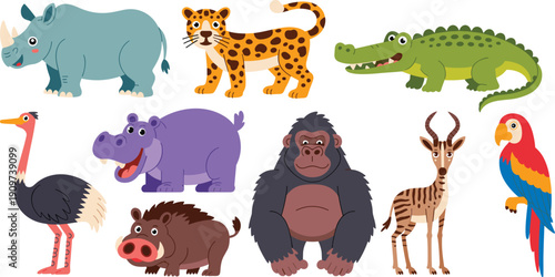 Cute cartoon wild animals illustration set, jungle safari wildlife characters rhino leopard crocodile hippo kids design