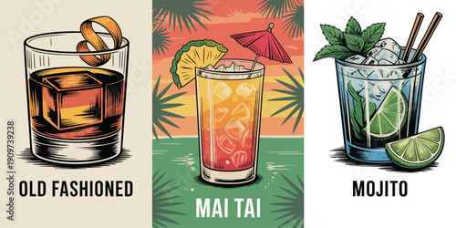 Old Fashioned Poster, classic bourbon cocktail recipe with script typography vintage bar illustration design