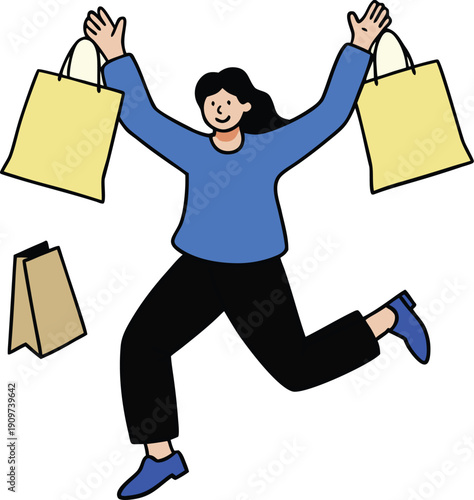 Pixel happy shoppers bouncing with shopping bags