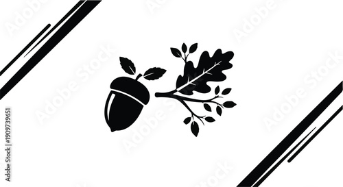 Simple black silhouette acorn with oak leaves on white background with diagonal lines, symbolizing nature and growth