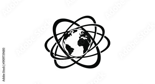 Stylized globe with swirling lines, modern illustration of earth surrounded by orbiting curves, symbolizing global connection and network, abstract background concept