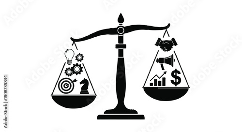 Business balance concept with work and finance on scale weighing pros and cons in modern black and white illustration for decision making and strategy
