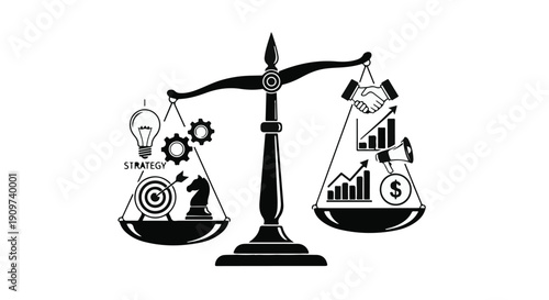 Business innovation balance concept with scale and icons for finance strategy and growth