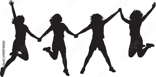 Four people jumping and holding hands in the air together