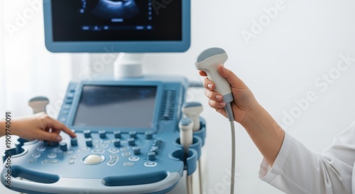 Medical professional operating ultrasound machine with probe in hand