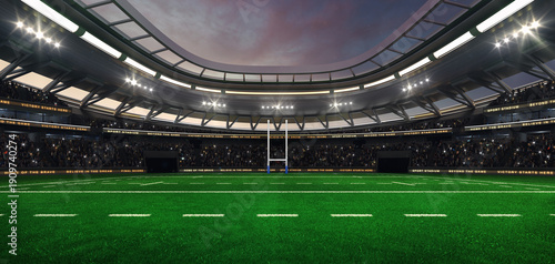 Rugby field at a sports stadium with shining spotlights and fans ready for the upcoming grand sporting event. Professional sports advertisement background.