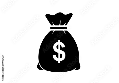 A simple black silhouette icon of a money bag with a dollar sign is isolated on a clean white background.