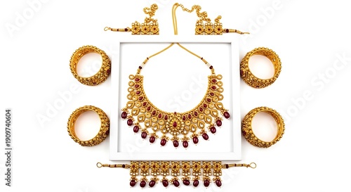 Gold Indian Jewelry Set: Necklace, Bangles, and Armlet with Red Stones