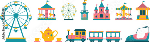 Amusement park flat vector illustration set featuring ferris wheel, carousel, roller coaster, bumper cars, and carnival attractions, fun fair and theme park icons