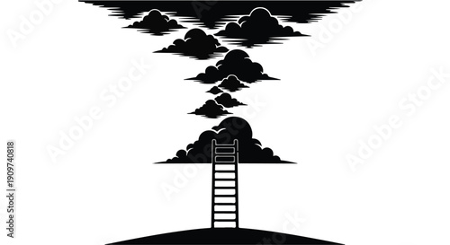Black and white illustration of ladder leading to clouds, symbolizing aspiration and dreams, with a simple and modern design