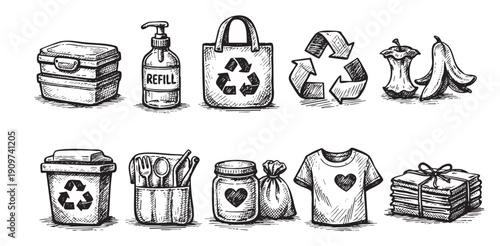 Hand-drawn vector illustration showcasing elements of a zero-waste lifestyle. Ideal for illustrating articles, blogs, or educational materials about sustainability and eco-consciousness.