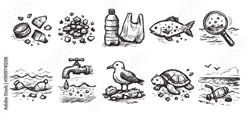 Hand-drawn illustration showing various aspects of plastic pollution affecting marine life. Perfect for educational content about environmental issues and sustainability.