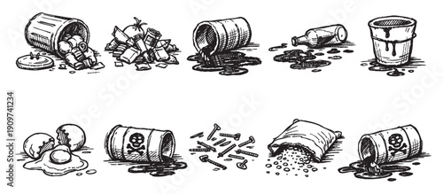 Black and white illustration showing various spills, broken objects, and messes. Includes trash, liquids, hazardous waste. Suitable for depicting chaos, mistakes, or accidents.