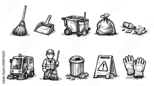 Hand-drawn illustrations of cleaning equipment, including a broom, mop, garbage bag, cleaning cart, and wet floor sign. Perfect for hygiene, sanitation, and maintenance content.