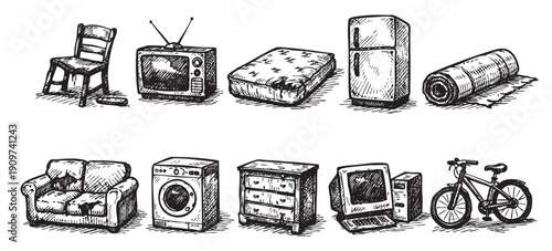 Black and white, hand-drawn illustration of household items. Includes furniture, appliances, and electronics. Use for design projects, moving services, or home decor concepts.
