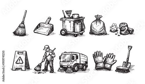 A hand-drawn illustration depicting various street cleaning tools and equipment, including brooms, a street sweeper, and a cleaning cart. Ideal for sanitation, city services, and environmental themes.