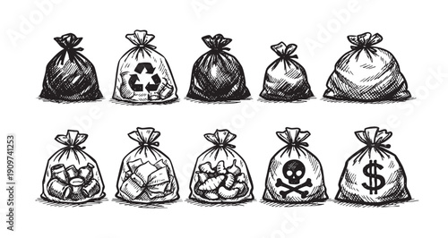 A collection of hand-drawn bags with different icons like recycling, poison, and money symbol. Perfect for depicting environmental concerns, waste management, or financial illustrations.