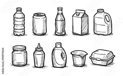 Hand-drawn sketch illustration of various plastic packaging. Includes bottles, cans, cartons, jars, and food containers. Perfect for recycling, sustainability, or zero waste concepts.