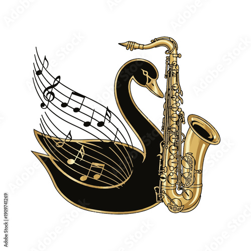 Elegant black swan and golden saxophone merge in a harmonious artistic illustration, with flowing musical notes symbolizing the beauty of jazz and creative melodic expression