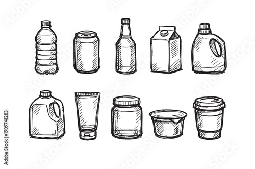 Black and white sketch illustration of various packaging types like plastic bottle, jar, carton, and can. Perfect for recycling, reuse, package design concepts.