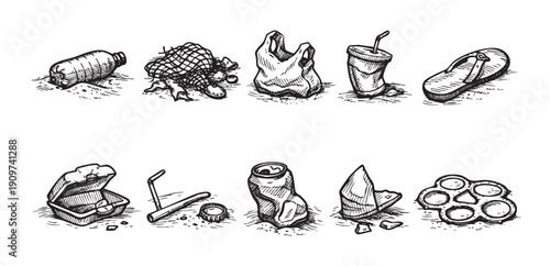 Black and white sketch of common trash items, illustrating pollution and waste. Suitable for environmental campaigns, awareness projects, recycling initiatives, and educational materials.