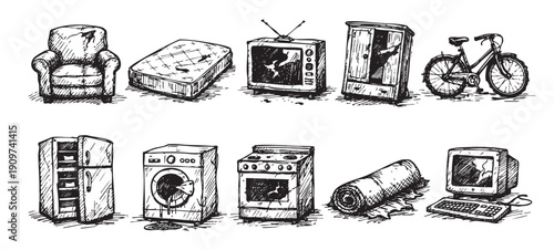 Hand-drawn illustration of broken household appliances and furniture depicting neglect, abandonment, or damage, suitable for renovation, repair services, or themes of waste.