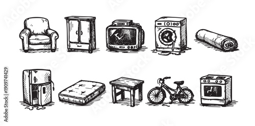 A hand-drawn illustration set of different furniture and household appliances in black and white. Good for design element or background use.