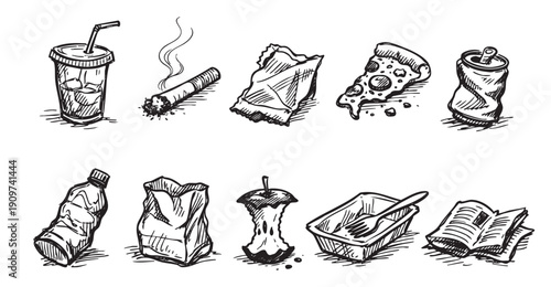 Black and white sketch illustration of various waste items, including food scraps, cigarette butt, and packaging. Suitable for environmental awareness or recycling campaigns.