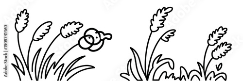 A minimalist black and white line art illustration depicts tall grass or reeds swaying gently.