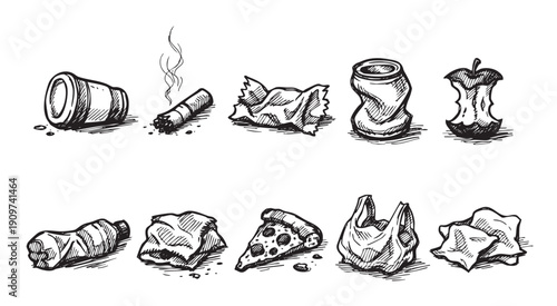 Black and white sketch illustration of various trash items: crumpled cans, cigarette, apple core, pizza slice, plastic bag, paper. Use for environmental concepts, littering awareness, or recycling.