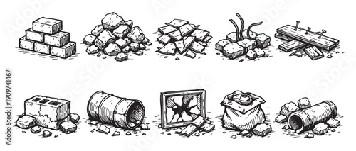 Black and white vector illustration of different debris piles and waste materials. Ideal for illustrating environmental pollution, disaster, or urban decay.