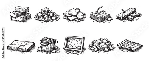 Black and white illustration of various destroyed construction materials. Perfect for projects about disaster, demolition, renovation, or conceptual destruction metaphors.