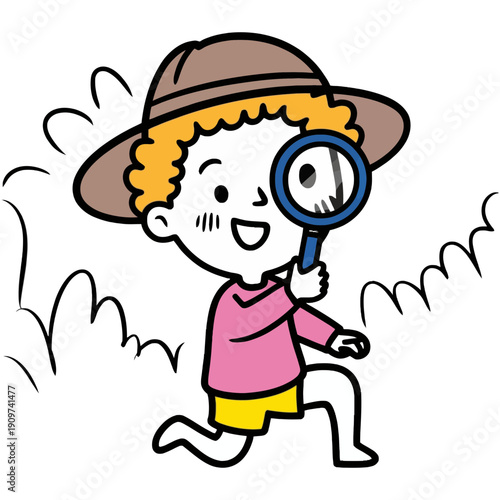 A curious cartoon boy wearing a hat explores with a magnifying glass amidst some wavy lines.