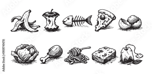 Hand-drawn illustration of various food waste items including fruit peels, bones, leftover pizza, and more. Perfect for recycling, composting, or environmental themes.