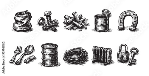 Monochrome pen and ink illustration of metal scrap. Includes a horseshoe, cans, nuts, and bolts. Useful for graphics, illustrations, or backgrounds.