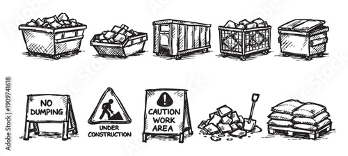 Hand drawn cartoon vector illustration featuring construction and demolition elements. Useful for construction companies, contractors, and building material suppliers.
