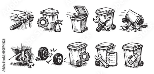 Collection of hand-drawn vector illustrations depicting waste management with symbols of maintenance, repair, and problem-solving. Use for business services, sustainability, or urban planning.