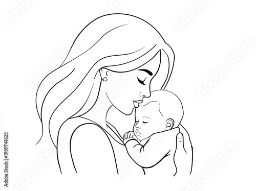 Minimalist line art illustration of mother kissing her sleeping baby with love