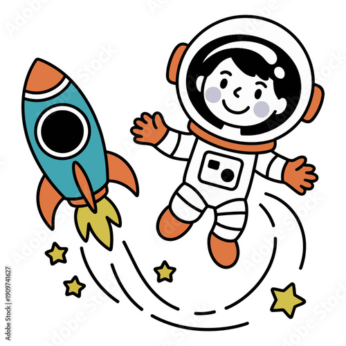 A happy young astronaut floating in space next to a colorful rocket and shining stars.