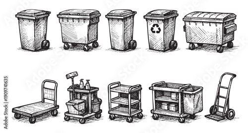 Black and white sketch illustration of different types of wheeled bins and trolleys, sanitation and transporting things. Isolated on a white background, rough hand-drawn design.