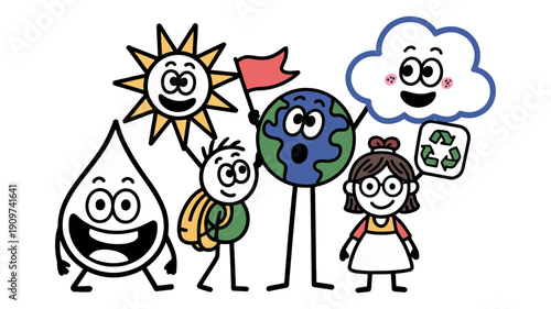 Cute cartoon characters representing elements of environmental protection and Earth Day are standing together smiling.