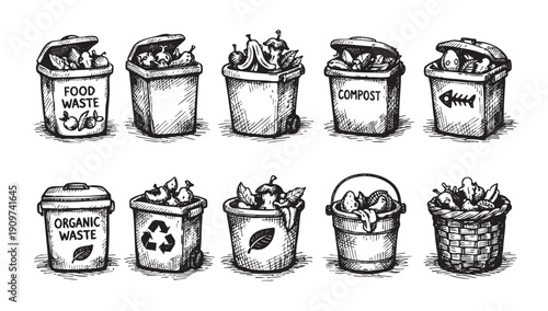 Hand-drawn illustration of various waste bins filled with food scraps, composting, organic, and recyclable waste. Use it for eco-friendly, zero waste, sustainable design projects.