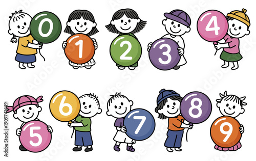 A delightful group of cartoon children are happily holding brightly colored balloons with numbers zero through nine.