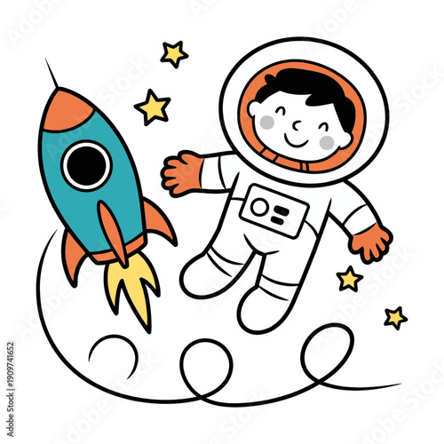 A smiling cartoon astronaut floating freely in space near a colorful flying rocket ship.