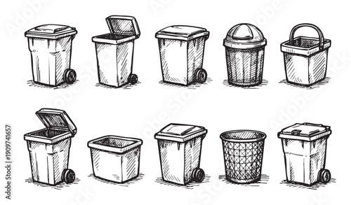 A set of hand drawn garbage cans, wheelie bins, and trash containers isolated on white. Suitable for illustrations about recycling, waste management, or sanitation.
