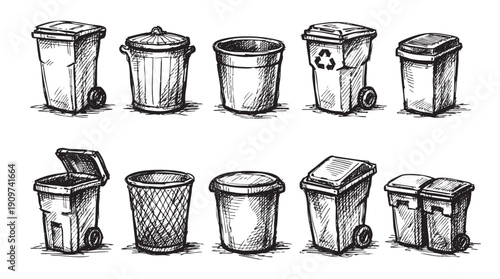 A collection of ten trash cans and recycling bins in a hand drawn sketchy illustration style. Perfect for environmental projects, waste management, and design elements.