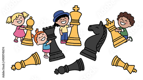 Happy cartoon children are joyfully playing and interacting with oversized chess pieces.