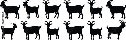 Goat silhouettes illustration with diverse horn shapes, standing and walking poses, black and white artwork, farm animal, wildlife, livestock design concept