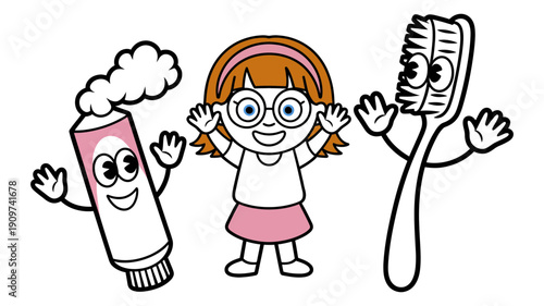 A happy cartoon girl is smiling between a friendly toothpaste tube and a cheerful toothbrush.